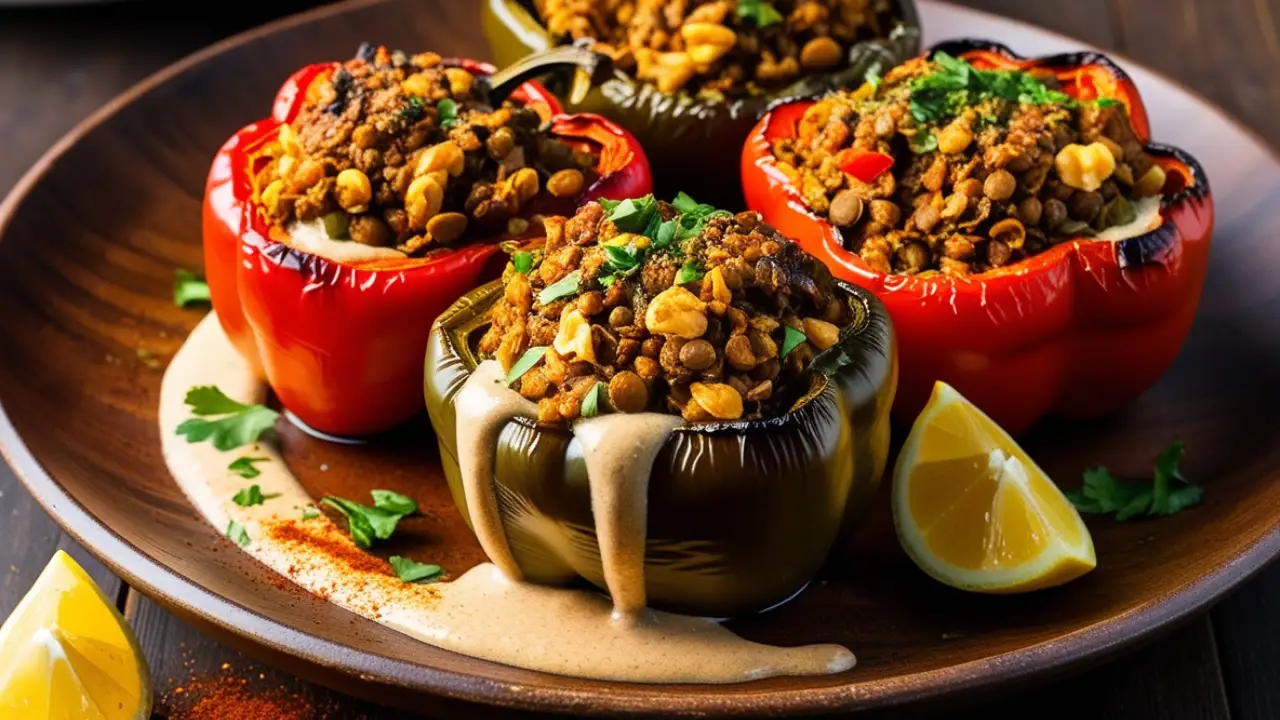 Smoky Lentil-Walnut “Meat” Stuffed Peppers